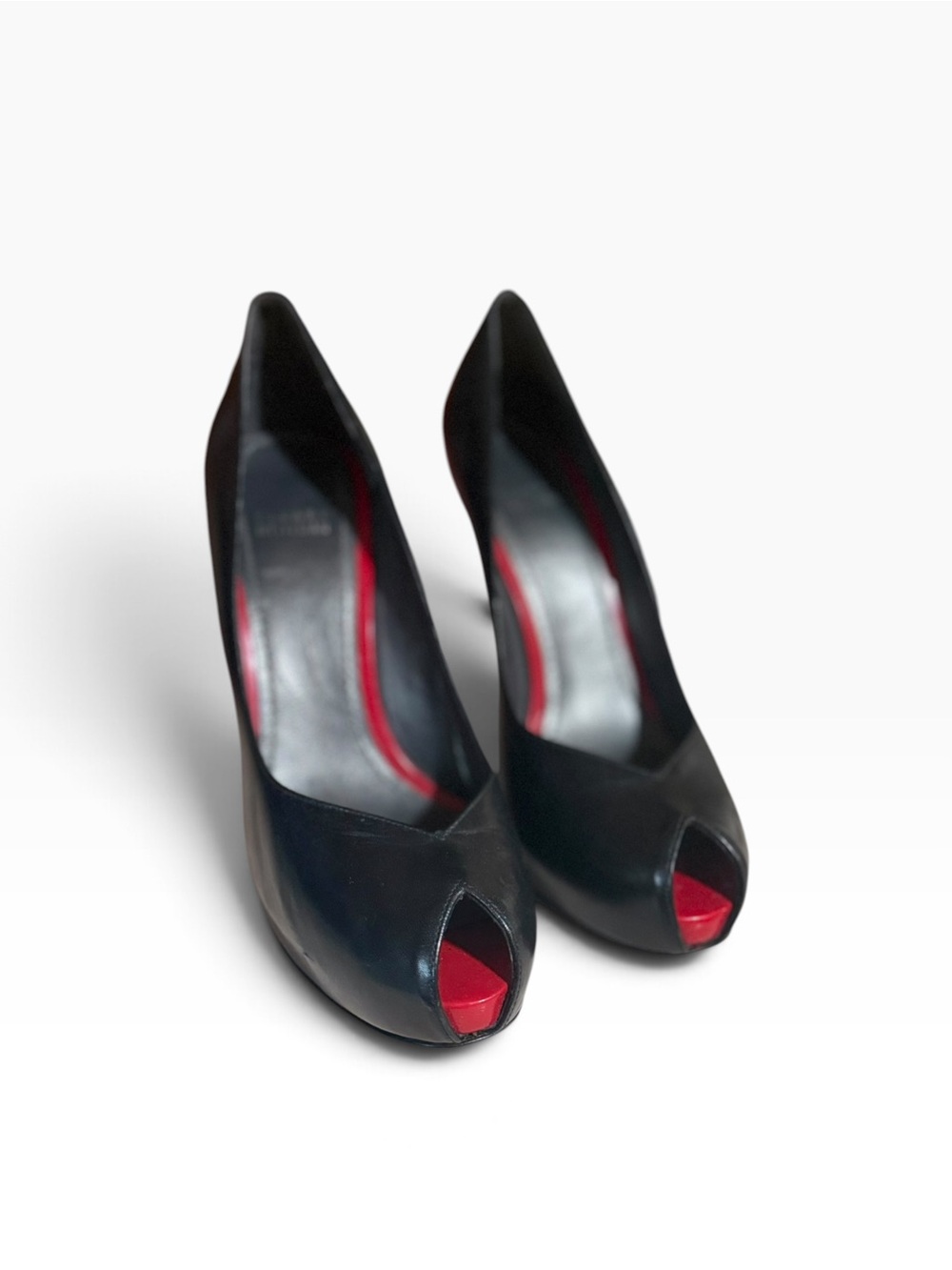 Stuart Weitzman Black Leather Peep-Toe Pumps with Red Interior